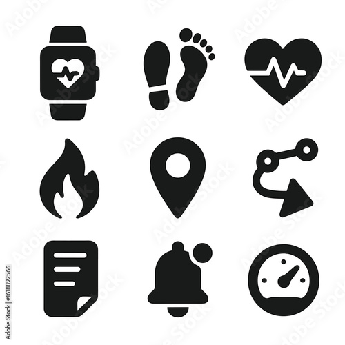 Fitness Tracking Icons. Solid, filled icon set of fitness tracking: fitness watch, steps counter, heart rate, calories, distance,