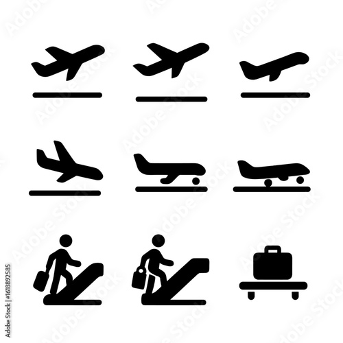 Flight Stages Icons. Solid, filled icon set of flight stages: takeoff, ascent, cruising, descent, landing, taxiing, boarding,