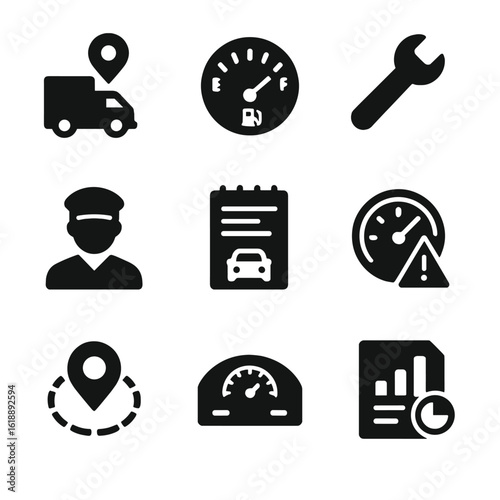 Fleet Management Icons. Solid, filled icon set of fleet management: vehicle tracking, fuel gauge, maintenance tool, driver icon,