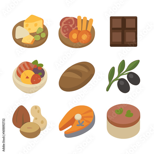 Food Pairing Icons. Flat icon set of food pairings: cheese platter, charcuterie board, dark chocolate, fruit salad, artisan bread,