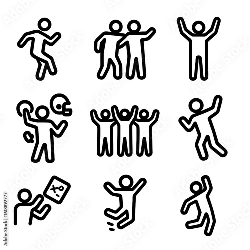 Football Celebration Icons. Solid, filled icon set of Football celebration moves: dance step, chest bump, touchdown sign, raised