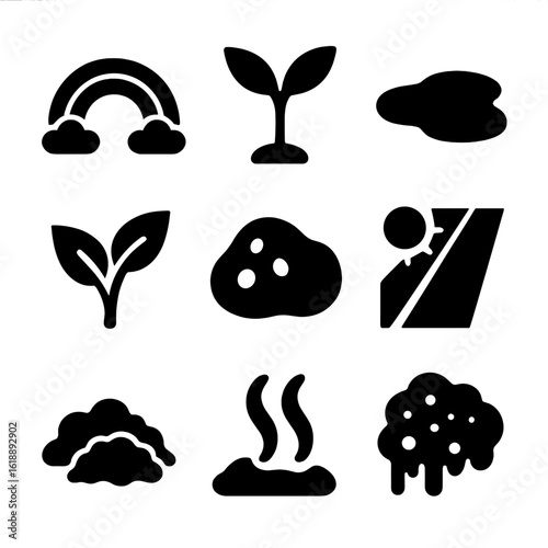 Forest Rain Icons. Solid, filled icon set of forest after rain: rainbow, fresh sprout, clear puddle, mud track, clean leaves, wet