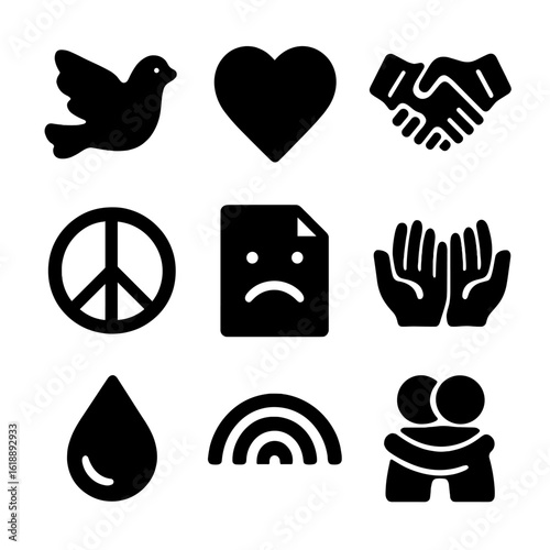 Forgiveness Icon Grid. Solid, filled icon set of forgiveness and acceptance: dove, heart, handshake, peace symbol, apology note,
