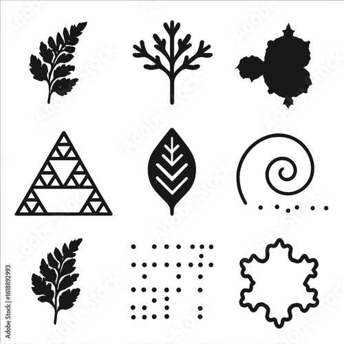 Fractal Pattern Icon Set. Flat icon set of fractal form patterns: fern fractal, snowflake branch, mandelbrot set, sierpinski