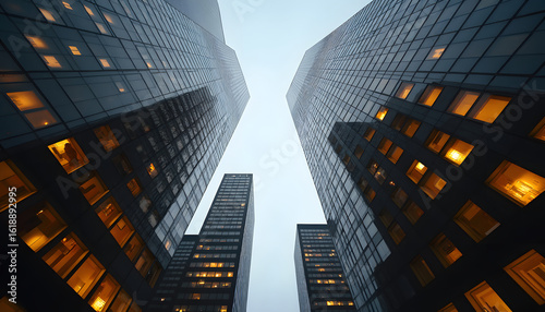 Wallpaper Mural Dramatic low-angle view of skyscrapers reaching towards a cloudy sky at dusk. Torontodigital.ca