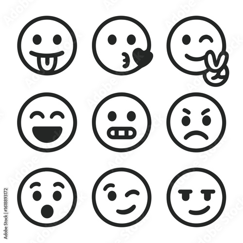 Funny Face Icons. Solid, filled icon set of funny faces actions: sticking out tongue, blowing kiss, making peace sign, winking,