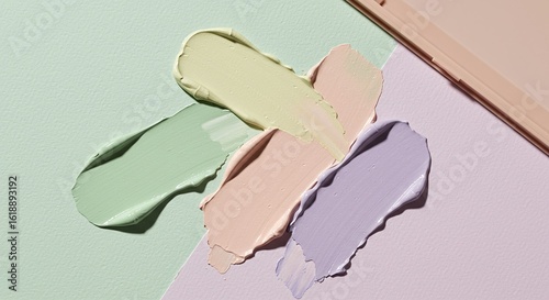 Color Correcting Concealer Swatches: Pastel Green, Peach, Lavender for Skin Tone, Makeup Texture on Background, Beauty Cosmetics, Flat Lay