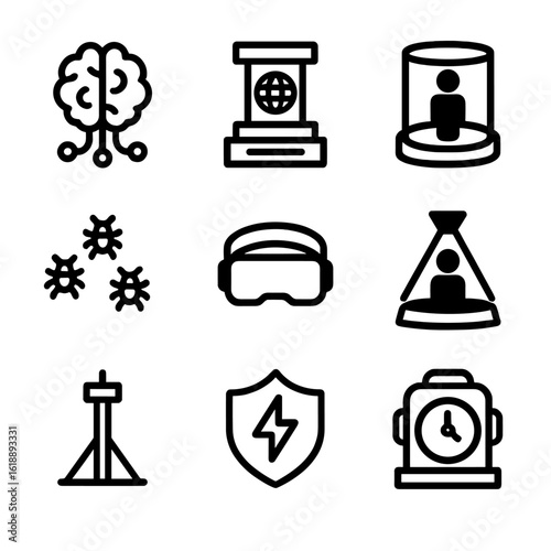 Futuristic Technology Icons. Solid, filled icon set of futuristic technology: AI brain, quantum computer, teleportation device,