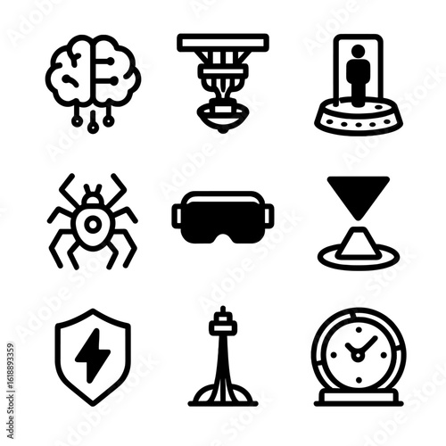 Futuristic Technology Icons. Solid, filled icon set of futuristic technology: AI brain, quantum computer, teleportation device,