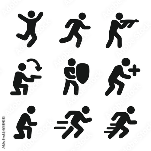 Game Action Icons. Solid, filled icon set of player actions: jump, run, shoot, reload, defend, attack, heal, crouch, sprint. Solid