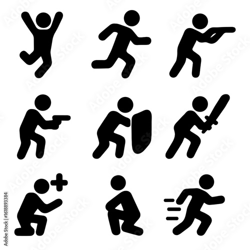 Game Action Icons. Solid, filled icon set of player actions: jump, run, shoot, reload, defend, attack, heal, crouch, sprint. Solid