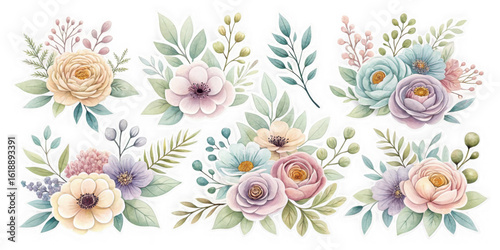 Soft pastel watercolor floral arrangements with delicate leaves