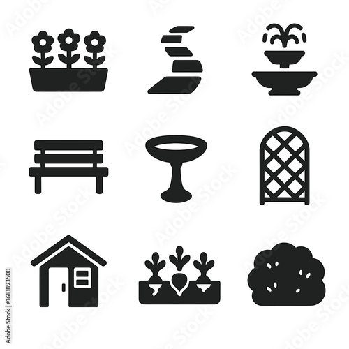 Garden Icons Grid. Solid, filled icon set of garden design: flower bed, garden path, fountain, bench, birdbath, trellis, garden