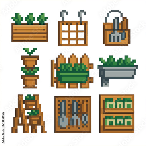 Garden Storage Icons. Pixel art icon set of garden vertical storage: wall planter, trellis hooks, hanging tool caddy, vertical pot