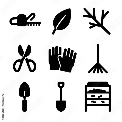 Garden Tools Grid. Solid, filled icon set of cutting and trimming: hedge trimmer, leaf, branch, scissors, gloves, rake, trowel,