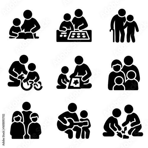 Generations Bonding Icons. Solid, filled icon set of generations bonding: teaching moment, baking cookies, walk in park, reading