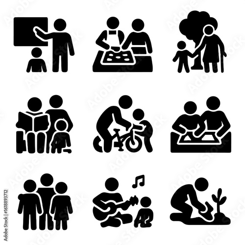 Generations Bonding Icons. Solid, filled icon set of generations bonding: teaching moment, baking cookies, walk in park, reading