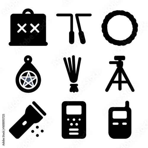 Ghost Hunting Gear Icons. Solid, filled icon set of Ghost hunting gear: spirit slate, dowsing rods, salt circle, protective amulet