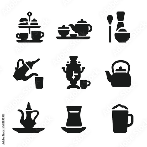 Global Tea Icons. Solid, filled icon set of tea culture around the world: British tea time, Chinese gongfu set, Japanese tea
