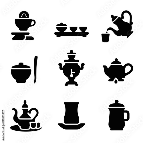 Global Tea Icons. Solid, filled icon set of tea culture around the world: British tea time, Chinese gongfu set, Japanese tea