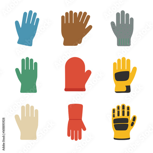 Glove Icon Collection. Flat icon set of hand protection: nitrile gloves, leather gloves, cut-resistant glove, chemical-resistant