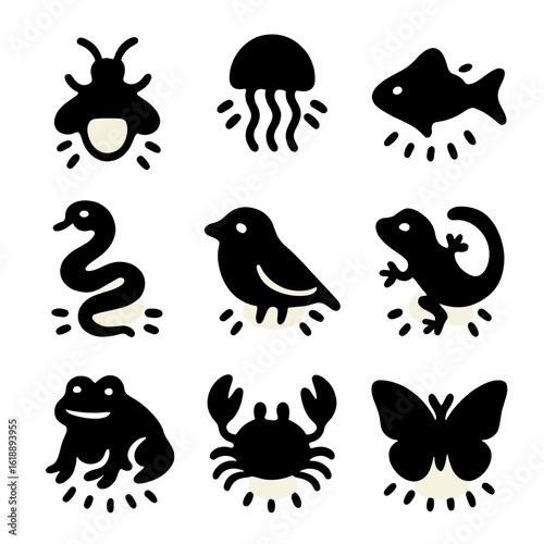 Glowing Animal Icons. Solid, filled icon set of glowing animals: firefly, glowing jellyfish, glowing fish, glowing snake, glowing