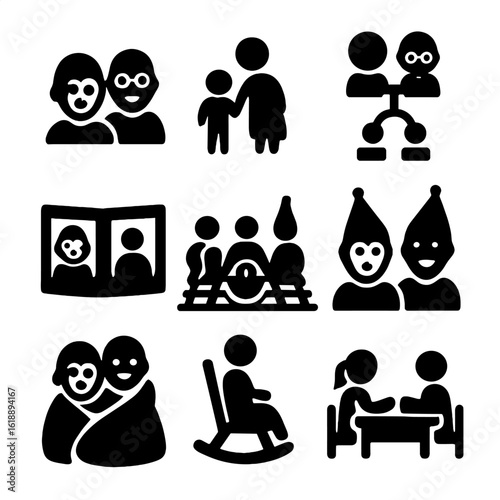 Grandchildren and Grandparents Icons. Solid, filled icon set of grandchildren and grandparents: smiling faces, holding hands,
