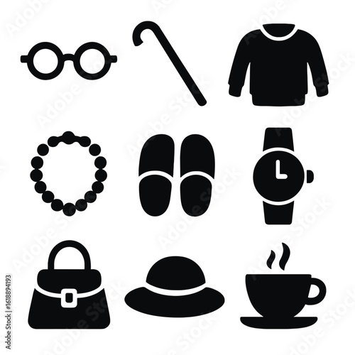 Grandmother's Essentials Icons. Solid, filled icon set of grandmother’s essentials: spectacles, walking cane, cozy sweater, pearl