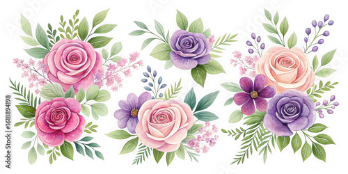 Elegant watercolor floral arrangement with roses and greenery