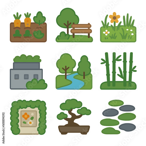 Green Space Icons. Flat icon set of tucked-away green spaces: community garden plot, pocket park bench, urban meadow, rooftop