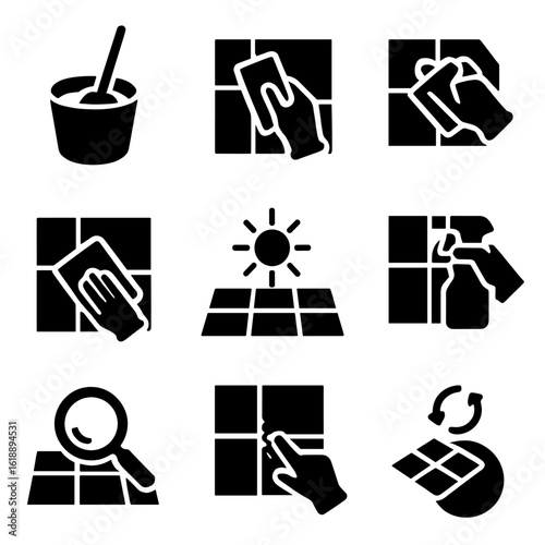 Grout Application Icons Grid. Solid, filled icon set of grout application process: mixing grout, applying grout, smoothing grout,