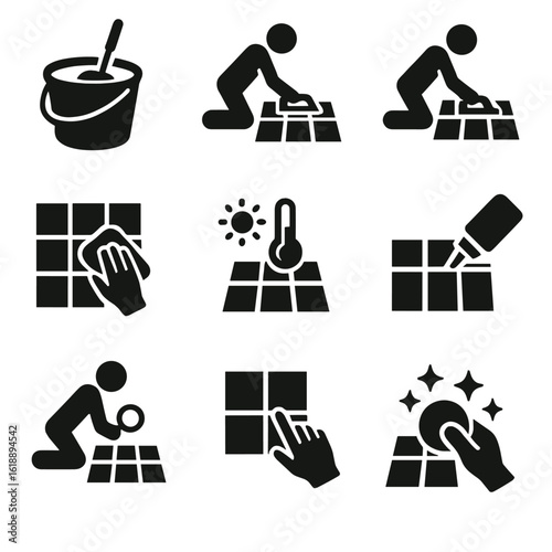 Grout Application Icons Grid. Solid, filled icon set of grout application process: mixing grout, applying grout, smoothing grout,