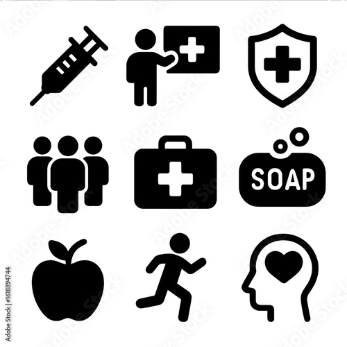 Health Awareness Icons. Solid, filled icon set of public health awareness: vaccination syringe, health education, prevention