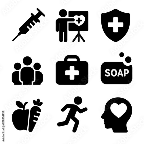 Health Awareness Icons. Solid, filled icon set of public health awareness: vaccination syringe, health education, prevention