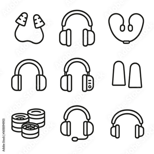 Hearing Protection Icons. Outline icon set of hearing protection: earplugs, earmuffs, canal caps, noise-canceling headset,