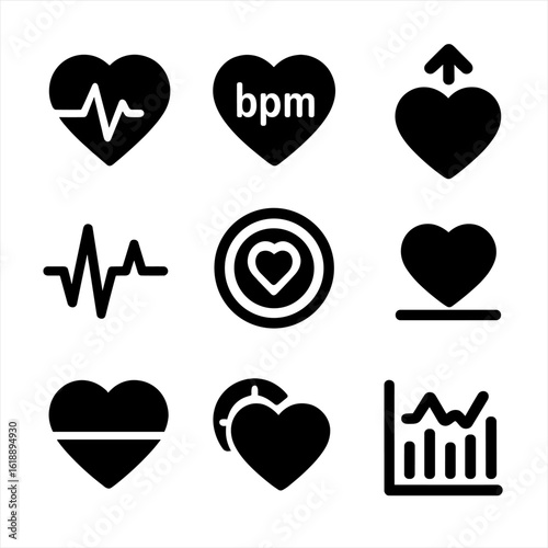 Heart Metrics Icons. Solid, Filled icon set of heart rate metrics: current heart rate, average bpm, max bpm, heart icon, bpm graph