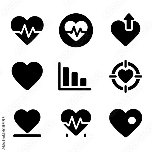 Heart Metrics Icons. Solid, Filled icon set of heart rate metrics: current heart rate, average bpm, max bpm, heart icon, bpm graph
