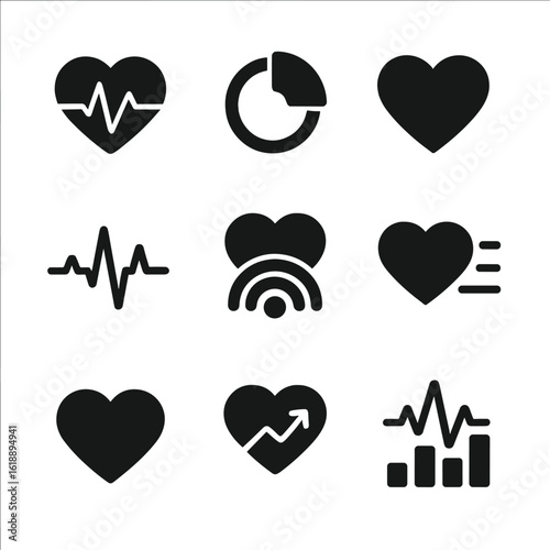 Heart Rate Icons. Flat icon set of heart rate metrics: current heart rate, average bpm, max bpm, heart icon, bpm graph, target