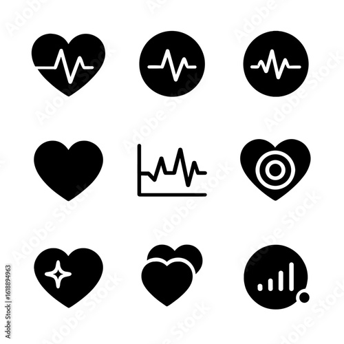 Heart Rate Icons. Flat icon set of heart rate metrics: current heart rate, average bpm, max bpm, heart icon, bpm graph, target