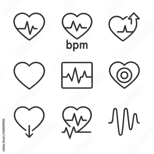 Heart Rate Icon Set. Outline icon set of heart rate metrics: current heart rate, average bpm, max bpm, heart icon, bpm graph,