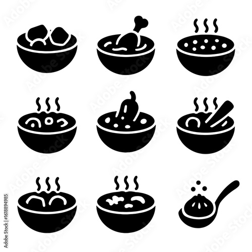 Hearty Soup Icons. Solid, Filled icon set of hearty soups and stews: beef stew, chicken noodle soup, lentil soup, minestrone,