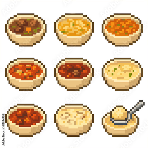 Hearty Soup Icon Set. Pixel art icon set of hearty soups and stews: beef stew, chicken noodle soup, lentil soup, minestrone, chili