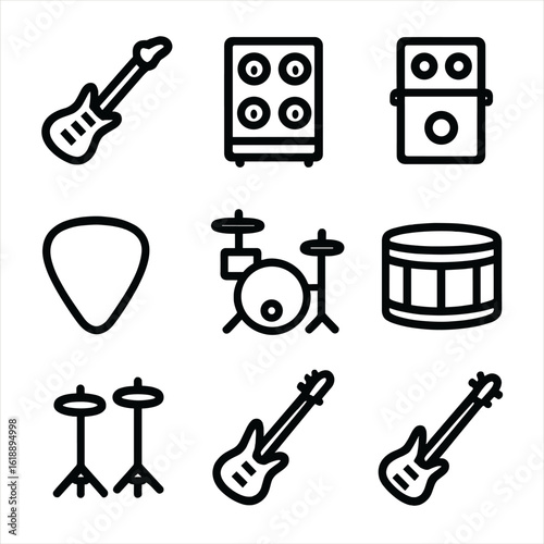 Heavy Music Icons. Solid, filled icon set of heavy music composition: electric guitar, bass amp, speaker stack, distortion pedal,