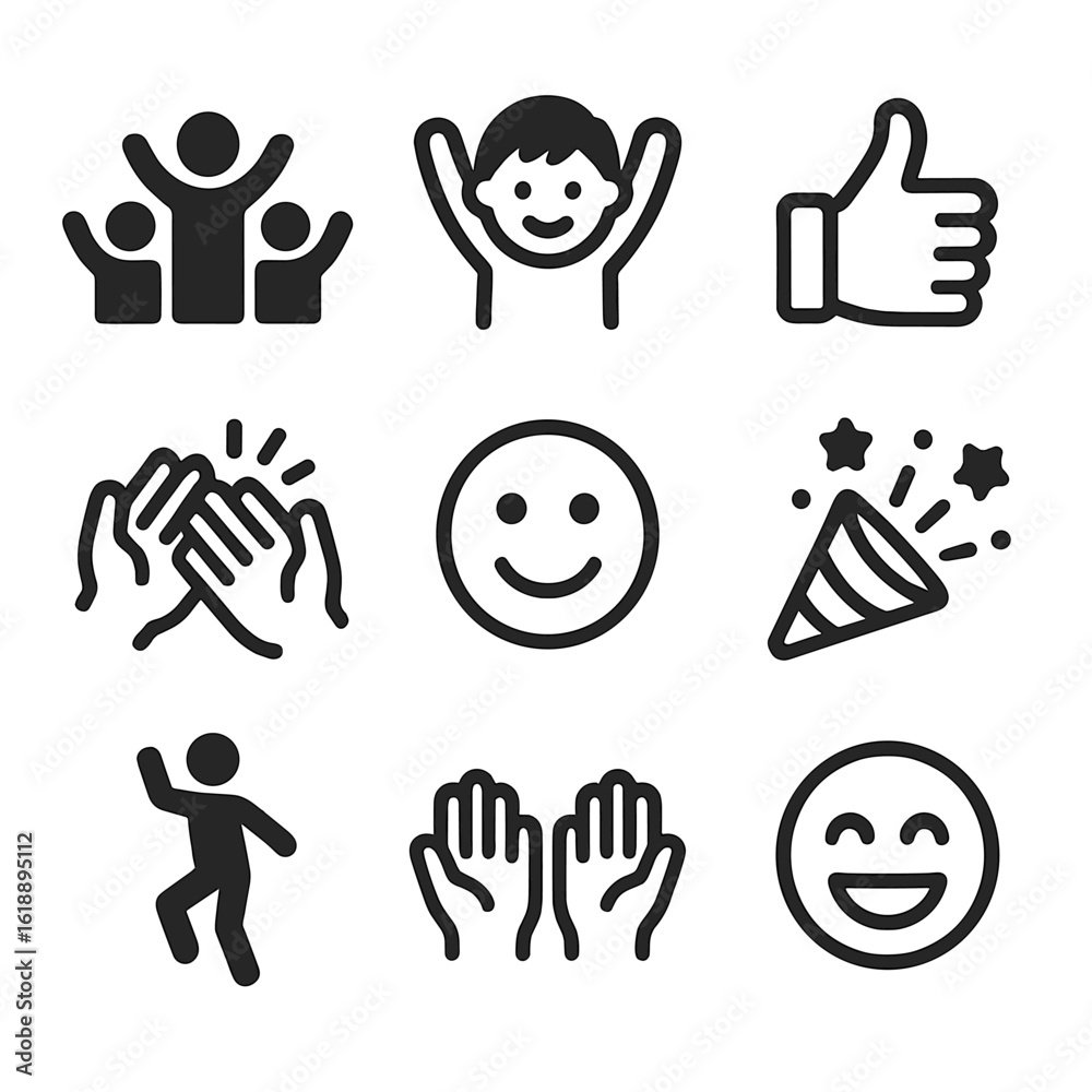 Obraz premium High Five Icon Set. Solid, filled icon set of high five expressions: cheering crowd, happy kid, thumbs up, clapping hands, smiling