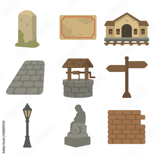Historic Landmark Icons. Flat icon set of overlooked historical landmarks: old milestone, faded plaque, abandoned train station,