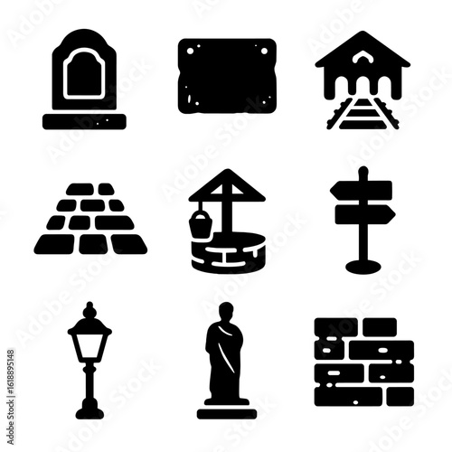 Historic Landmarks Icons. Solid, Filled icon set of overlooked historical landmarks: old milestone, faded plaque, abandoned train