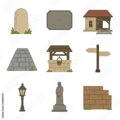 Historic Landmark Icons. Flat icon set of overlooked historical landmarks: old milestone, faded plaque, abandoned train station,