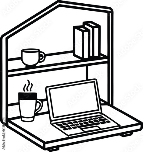 dorm room with laptop coffee mug and tidy shelf