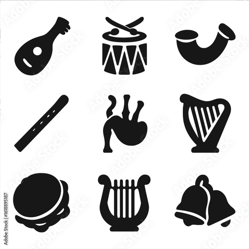 Historical Instruments Icons. Solid, filled icon set of historical reenactment instruments: lute, drum, horn, flute, bagpipes,