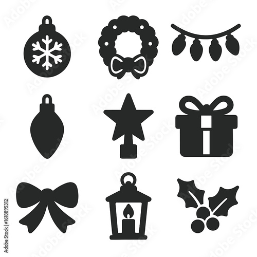 Holiday Ornament Icons. Solid, Filled icon set of holiday ornaments: snowflake bauble, wreath, garland strand, glass ornament,